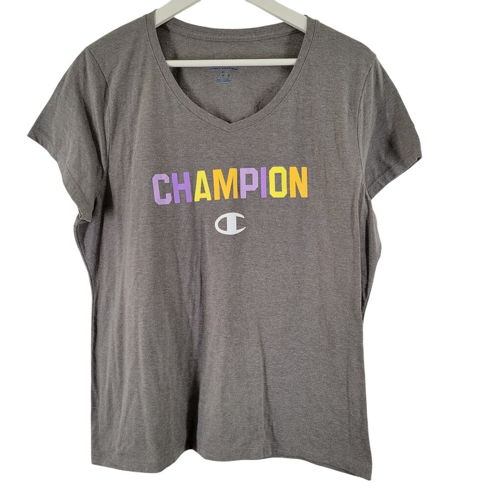 Champion T-Shirt Women XL Gray V-Neck Graphic Logo‎ Short Sleeve Authentic Tee